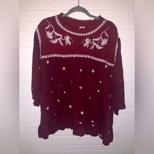 Red Embroidered Babydoll Tiered Blouse